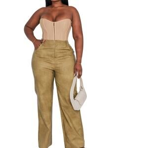 PrettyLittleThing Plus Olive Washed Faux Leather Straight Trousers Size 18 NWT